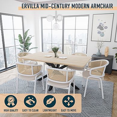 LeisureMod Ervilla Modern Leather Dining Chair with Wicker Back and White Steel Legs