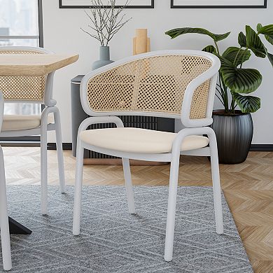 LeisureMod Ervilla Modern Leather Dining Chair with Wicker Back and White Steel Legs