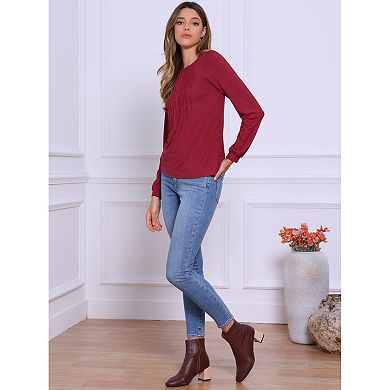 Long Sleeve Tops for Women's Fall Winter Pleated Round Neck Fitted Basic Tee Tops