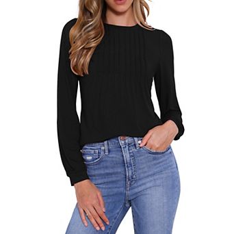 Long Sleeve Tops for Women's Fall Winter Pleated Round Neck Fitted Basic Tee Tops