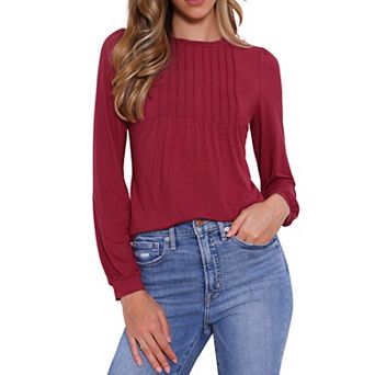 Long Sleeve Tops for Women's Fall Winter Pleated Round Neck Fitted Basic Tee Tops