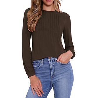 Long Sleeve Tops for Women's Fall Winter Pleated Round Neck Fitted Basic Tee Tops