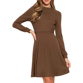 Long Sleeve Dress for Women's Casual Crew Neck Ribbed Knit Textured Sweater Dresses