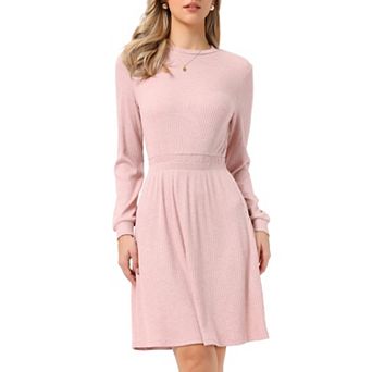 Long Sleeve Dress for Women's Casual Crew Neck Ribbed Knit Textured Sweater Dresses