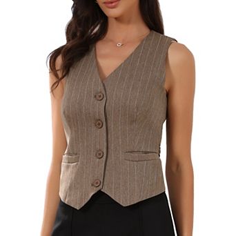 Women's Striped Blazer Vest V Neck Sleeveless Button Down Vest Waistcoat with Pockets