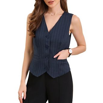 Women's Striped Blazer Vest V Neck Sleeveless Button Down Vest Waistcoat with Pockets