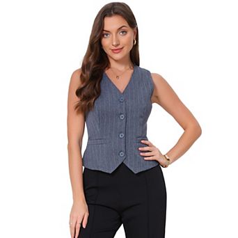 Women's Striped Blazer Vest V Neck Sleeveless Button Down Vest Waistcoat with Pockets