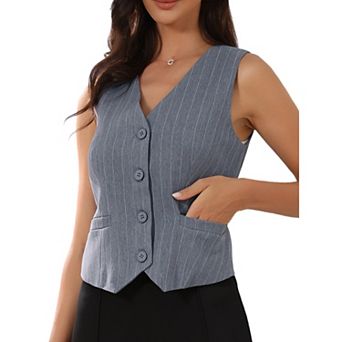 Women's Striped Blazer Vest V Neck Sleeveless Button Down Vest Waistcoat with Pockets