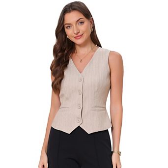 Women's Striped Blazer Vest V Neck Sleeveless Button Down Vest Waistcoat with Pockets