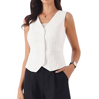 Women's Striped Blazer Vest V Neck Sleeveless Button Down Vest Waistcoat with Pockets
