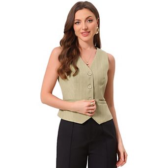 Women's Striped Blazer Vest V Neck Sleeveless Button Down Vest Waistcoat with Pockets