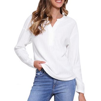 Long Sleeve Shirts Blouse for Women's Casual Fashion V Neck Knit Textured Blouses