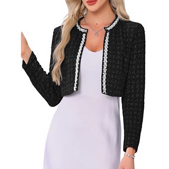 Tweed Jacket for Women's Cropped Long Sleeve Sparkle Trim Open Front Cocktail Cardigan