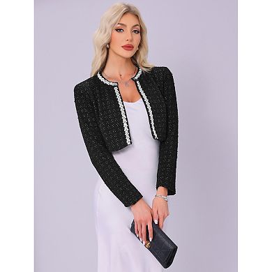 Tweed Jacket for Women's Cropped Long Sleeve Sparkle Trim Open Front Cocktail Cardigan