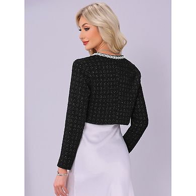 Tweed Jacket for Women's Cropped Long Sleeve Sparkle Trim Open Front Cocktail Cardigan