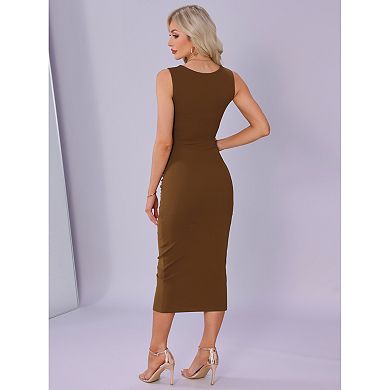 Sleeveless Dress for Women's Elegant Square Neck Waisted Ruched Bodycon Evening Party Midi Dresses