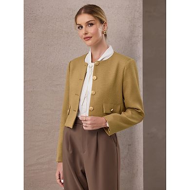 Women's Tweed Short Jacket Collarless Button Down Long Sleeve Work Office Cropped Blazer