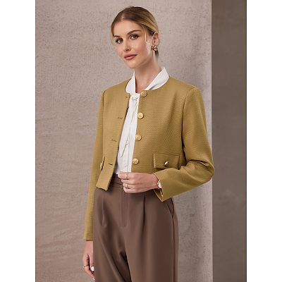 Women's Tweed Short Jacket Collarless Button Down Long Sleeve Work