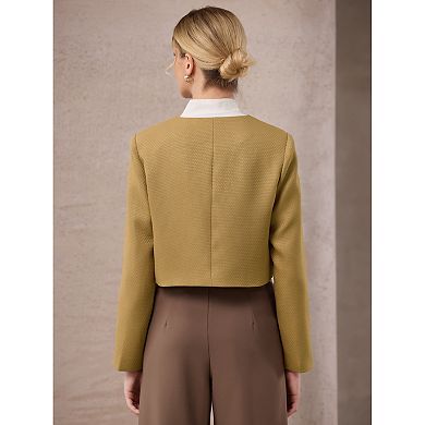Women's Tweed Short Jacket Collarless Button Down Long Sleeve Work Office Cropped Blazer