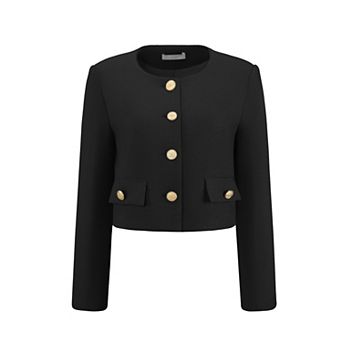 Women's Tweed Short Jacket Collarless Button Down Long Sleeve Work Office Cropped Blazer