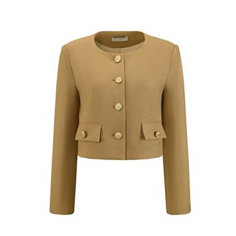 Women's Tweed Short Jacket Collarless Button Down Long Sleeve Work Office Cropped Blazer