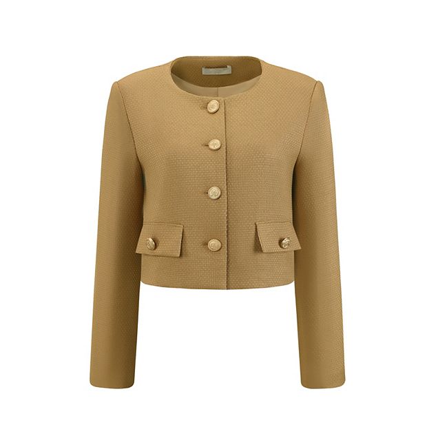 Women's Tweed Short Jacket Collarless Button Down Long Sleeve Work