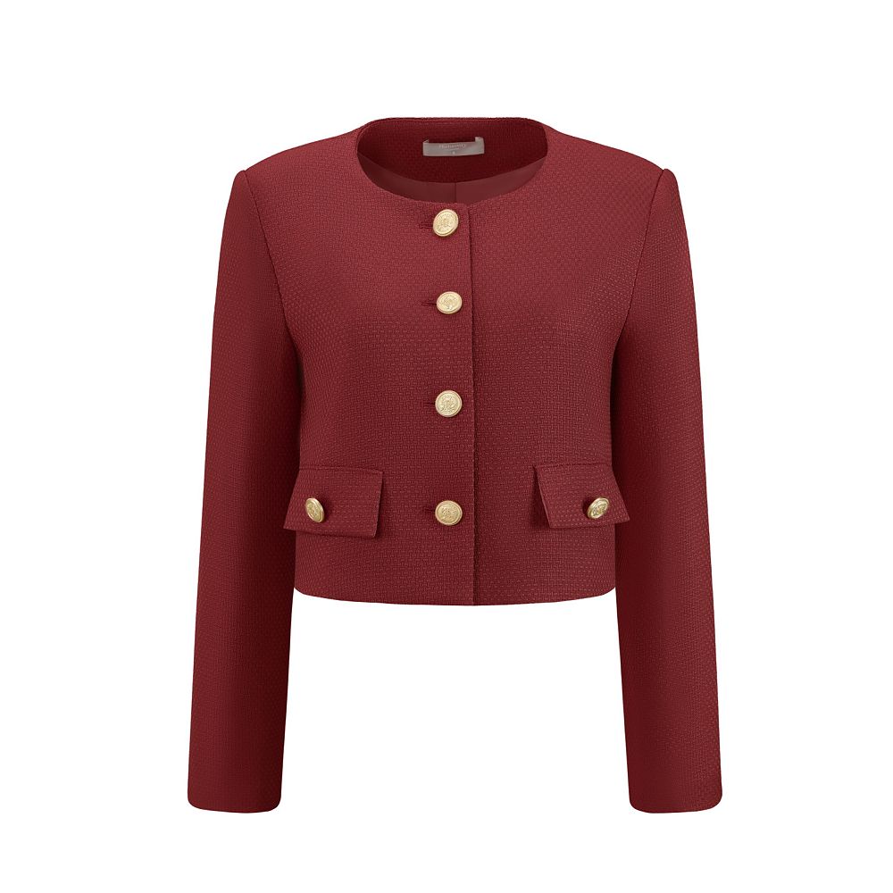 Women's Tweed Short Jacket Collarless Button Down Long Sleeve Work