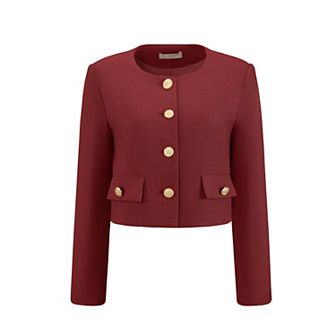 Women's Tweed Short Jacket Collarless Button Down Long Sleeve Work Office Cropped Blazer