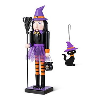 Glitzhome 18.50"H Witch Nutcracker With Witch Cat Ornament, Wood Halloween Table Decor