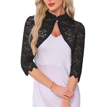 Elegant Lace Bolero Shrug for Women 3/4 Sleeve Sheer Floral Lace Cardigan Top