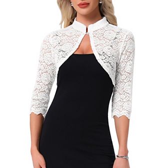 Elegant Lace Bolero Shrug for Women 3/4 Sleeve Sheer Floral Lace Cardigan Top