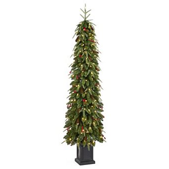 Glitzhome 6ft Artificial Porch Christmas Tree, Pre-Lit Christmas Tree with Red Berries, Pinecones