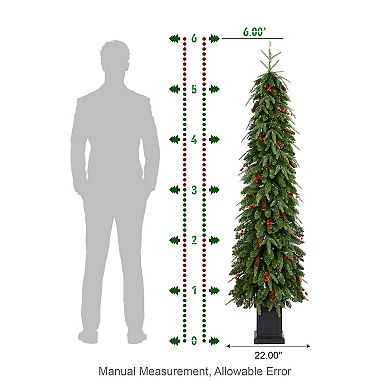 Glitzhome 6ft Artificial Porch Christmas Tree, Pre-Lit Christmas Tree with Red Berries, Pinecones