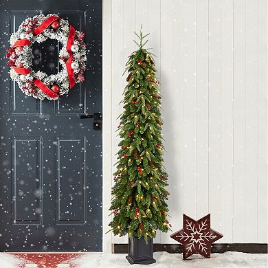 Glitzhome 6ft Artificial Porch Christmas Tree, Pre-Lit Christmas Tree with Red Berries, Pinecones