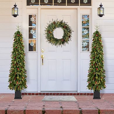 Glitzhome 6ft Artificial Porch Christmas Tree, Pre-Lit Christmas Tree with Red Berries, Pinecones