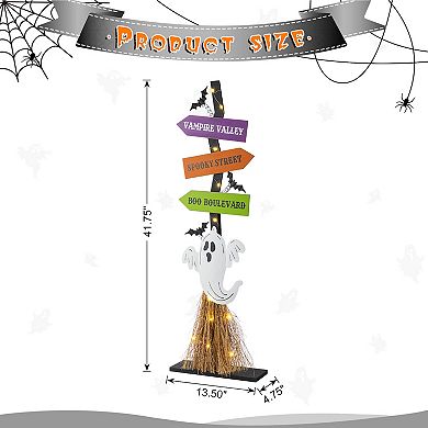 Glitzhome 41.75"H Lighted Ghost's Broom Porch Decor, Wooden Halloween Decor Outdoor