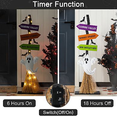 Glitzhome 41.75"H Lighted Ghost's Broom Porch Decor, Wooden Halloween Decor Outdoor