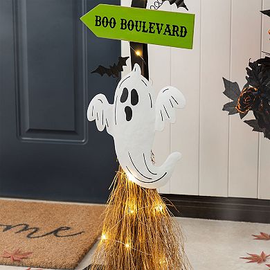 Glitzhome 41.75"H Lighted Ghost's Broom Porch Decor, Wooden Halloween Decor Outdoor