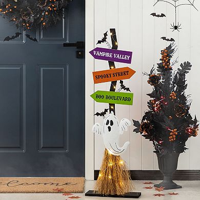 Glitzhome 41.75"H Lighted Ghost's Broom Porch Decor, Wooden Halloween Decor Outdoor