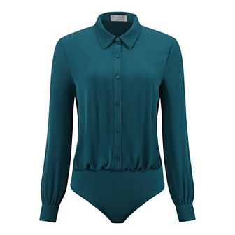 Women's Long Sleeve Bodysuits Work Button Up Shirt Body Suit