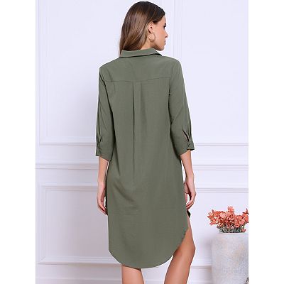 Button Down Shirt Dress for Women's Casual Collar 3/4 Sleeve Shirts Dresses