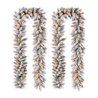 Glitzhome Christmas Garland Set of 2 - 9ft Pre-Lit Snow Flocked Garland with Warm White LED Lights