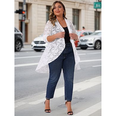 Plus Size Cardigans for Women Open Front Long Sleeve Lightweight Sheer Crochet Lace Cover Up