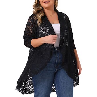 Plus Size Cardigans for Women Open Front Long Sleeve Lightweight Sheer Crochet Lace Cover Up