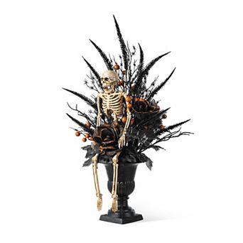 Glitzhome Black Rose, Skeleton and Berry Urn Table Tree, 22"H Halloween Table Centerpiece