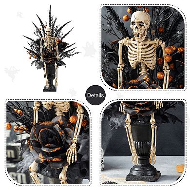 Glitzhome Black Rose, Skeleton and Berry Urn Table Tree, 22"H Halloween Table Centerpiece