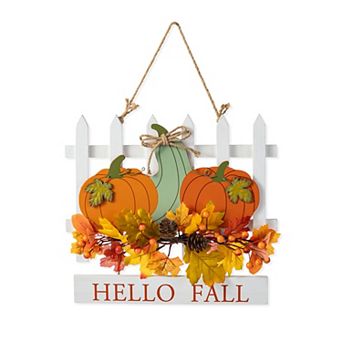Glitzhome 14"L Wooden Patch with Floral Door Decor, Pumpkins Wall Hanging Decor for Fall Harvest