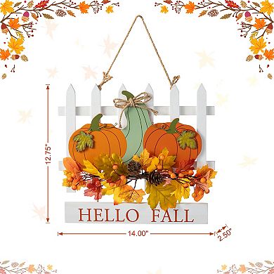 Glitzhome 14"L Wooden Patch with Floral Door Decor, Pumpkins Wall Hanging Decor for Fall Harvest