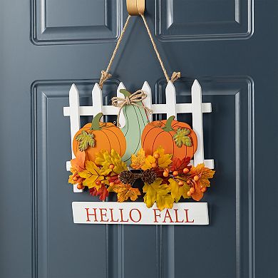 Glitzhome 14"L Wooden Patch with Floral Door Decor, Pumpkins Wall Hanging Decor for Fall Harvest