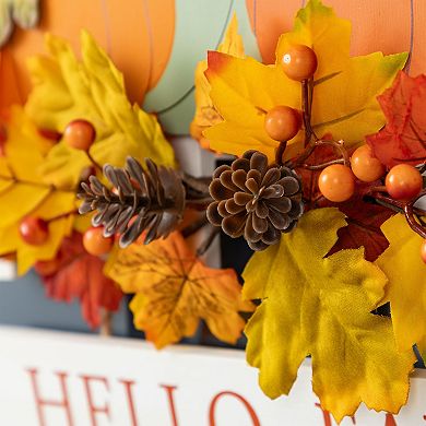 Glitzhome 14"L Wooden Patch with Floral Door Decor, Pumpkins Wall Hanging Decor for Fall Harvest